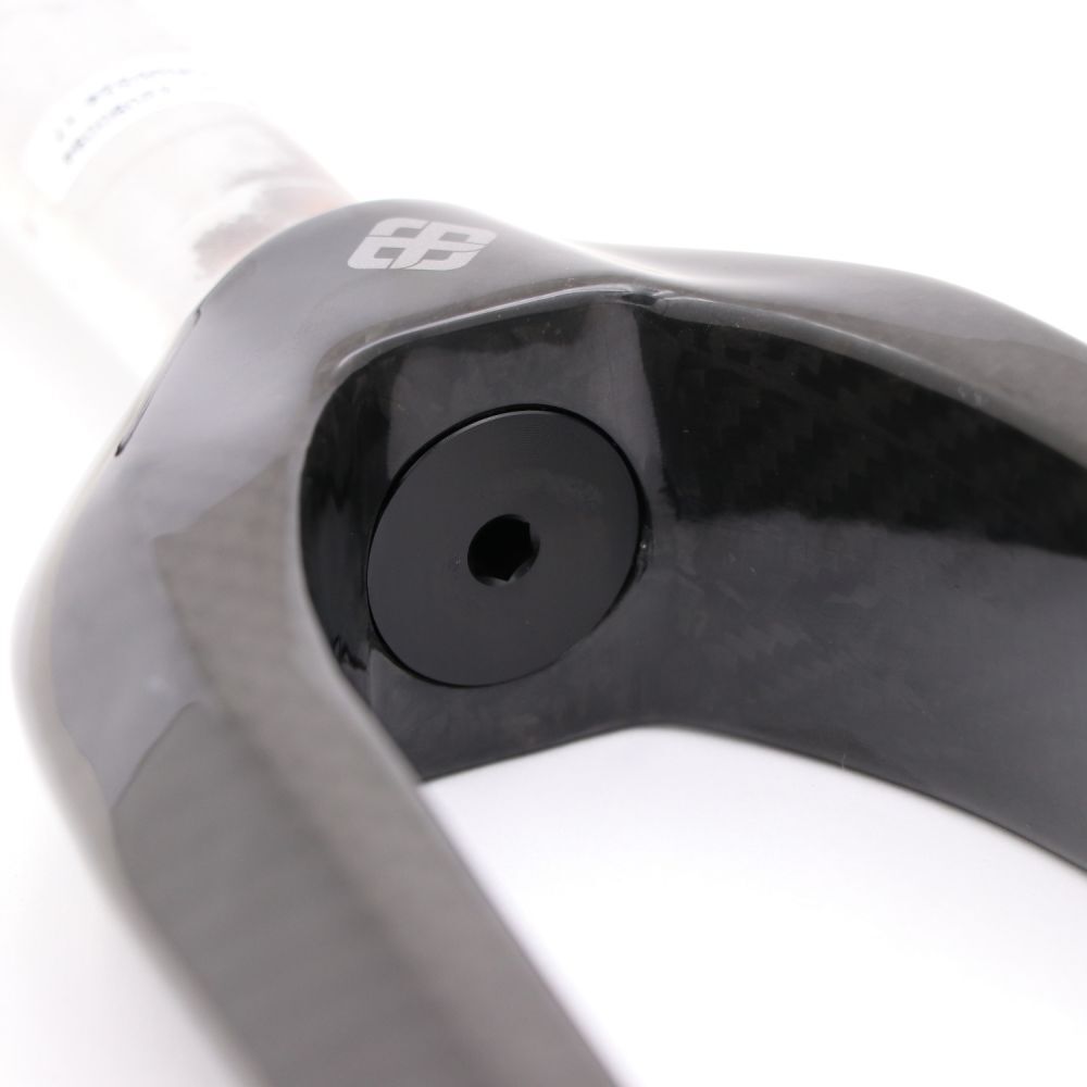 Close-up of the Pride Apex 20 Inch 10mm Fork featuring a black carbon crown, 1-1/8 inch aluminum steerer tube, and central hex bolt, set against a white background.