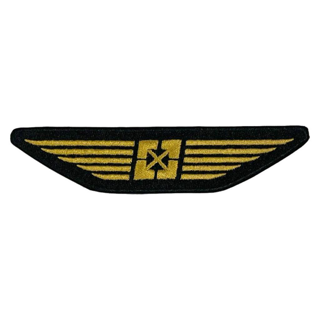 The Fit Bike Co Wings Embroidered Patch is a black patch with gold wings and a central star, featuring a satin border and heat seal backing—perfect as an aviation or pilot insignia.