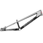 A side view of the black and grey Syndyt 195 Expert Frame showcases its sturdy 6061 aluminum BMX frame, displaying the brand name and frame structure against a white background.