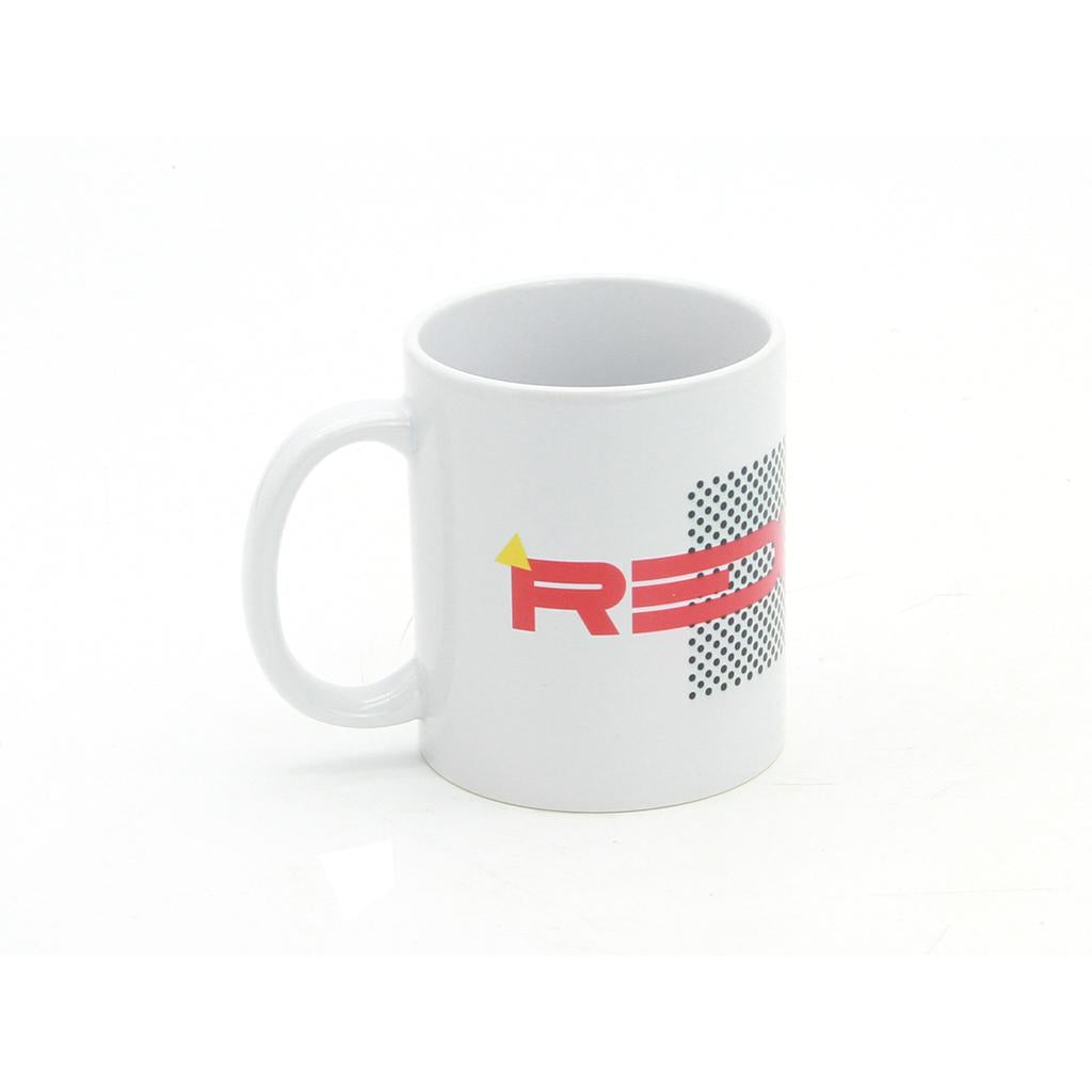 The Redline RL20II Coffee Mug is a 12oz white ceramic mug with a handle, featuring a partial red and yellow Redline graphic design with black dots on the side.