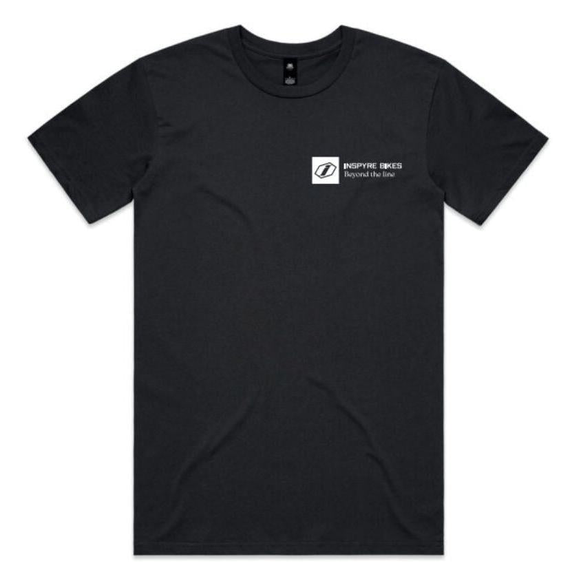 Inspyre Icon T-Shirt: Black 100% cotton short-sleeve tee with a small white logo and "INSPIRE IDEAS Beyond the Line" text on the upper left chest for comfort and style.