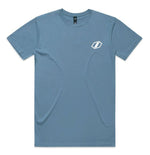 The Inspyre Icon T-Shirt is a blue short-sleeve tee with a small white geometric logo on the left chest. Made from 100% cotton for comfort and durability, it features a classic fit and is displayed flat on a white background.