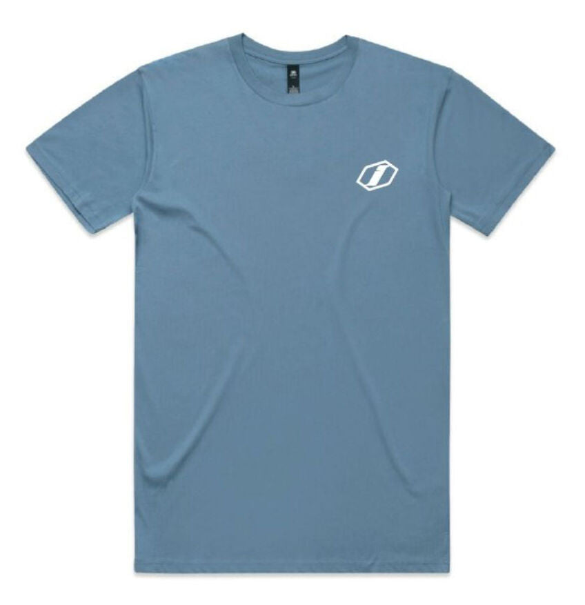 The Inspyre Icon T-Shirt is a blue short-sleeve tee with a small white geometric logo on the left chest. Made from 100% cotton for comfort and durability, it features a classic fit and is displayed flat on a white background.