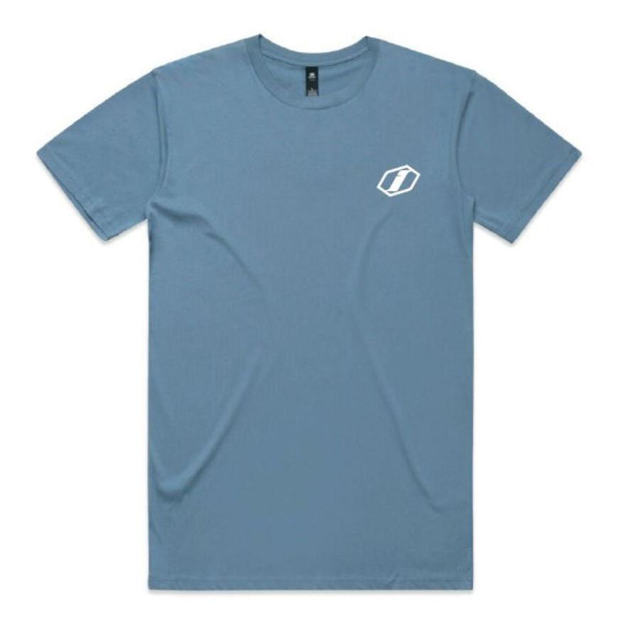 The Inspyre Icon T-Shirt is a blue short-sleeve tee with a small white geometric logo on the left chest. Made from 100% cotton for comfort and durability, it features a classic fit and is displayed flat on a white background.