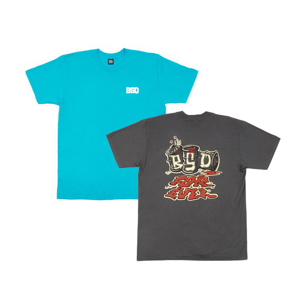 Displayed are two stylish T-shirts: a gray BSD Spillage T-Shirt with a small white logo on the front, and a dark gray lightweight cotton tee featuring an embroidered bold, colorful graphic and text on the back.