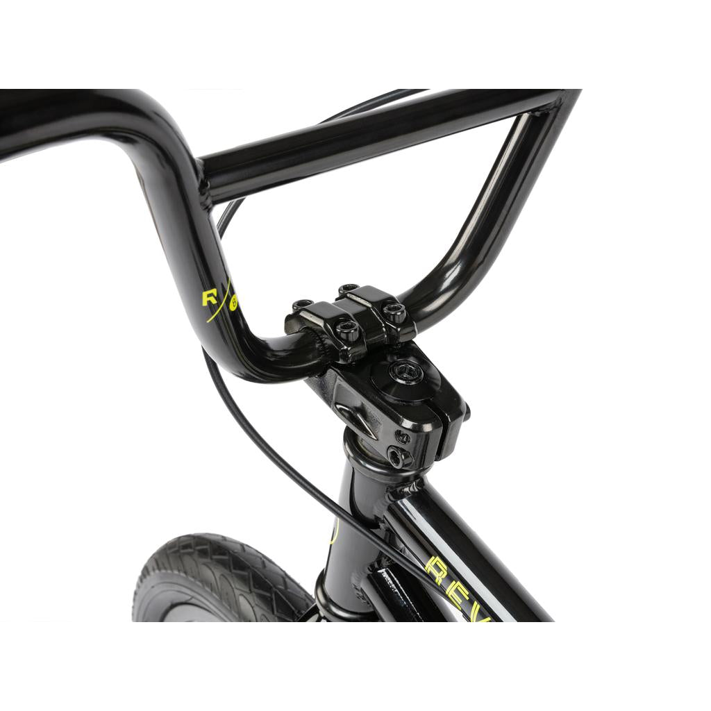 Close-up view of the handlebars, stem, and front wheel of the Radio Revo 14 Inch bike in black against a white background—ideal as your child's first BMX bike.