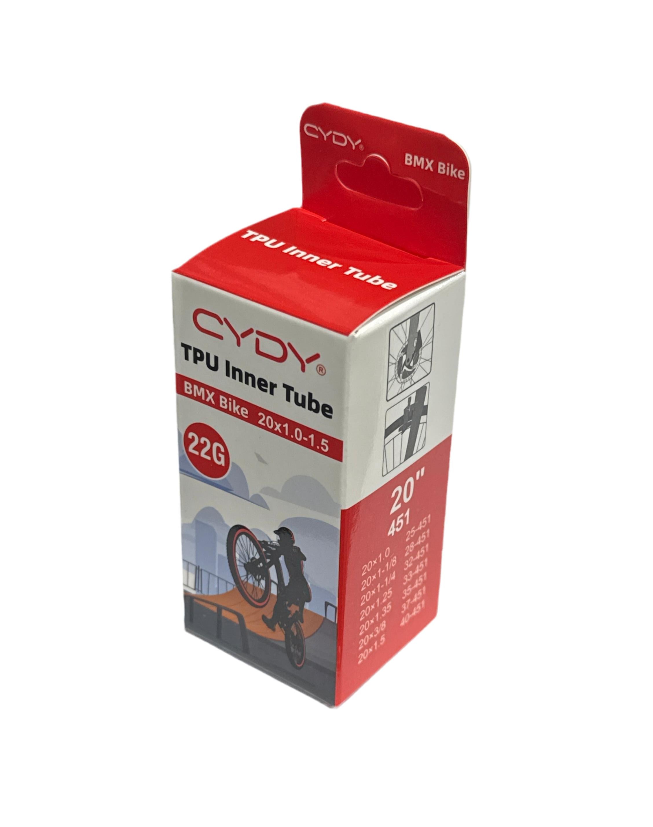 A red and white "CYDY TPU 20 Inch Inner Tube" box for BMX bikes shows a cyclist doing a wheelie. This ultra-light 22g tube fits 20x1.0-1.5 tires, making it perfect for peak biking performance.