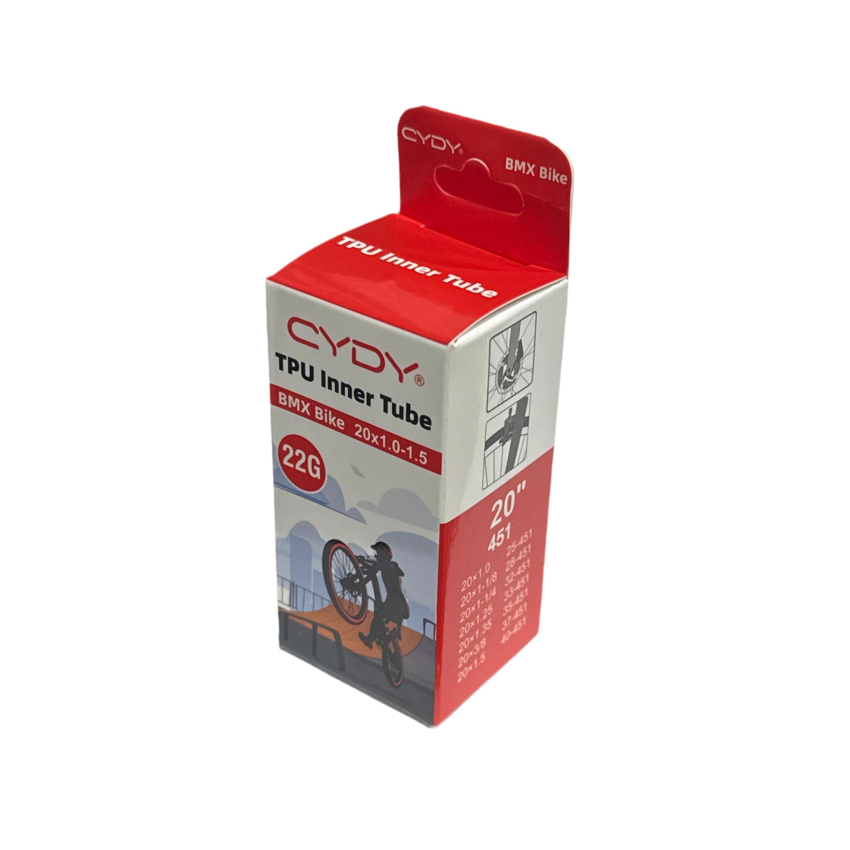 The CYDY TPU 20 Inch Presta Inner Tube comes in a red and white box, fits 20x1.0-1.5 BMX bikes, weighs just 22 grams, and features a cyclist doing a wheelie on the front.