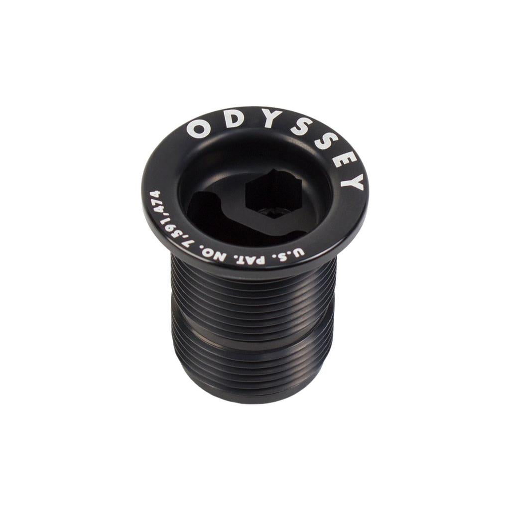 The Odyssey RF Series Preload Fork Bolt is a black threaded metal bolt for Odyssey forks, marked "ODYSSEY" and "U.S. PAT. NO. 7,519,474," with a hex/slotted center opening and 24x1.5mm thread size.