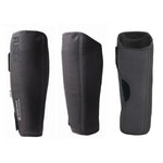 Three views of the Fuse Alpha Classic Shin Pads (Pair) highlight pedal bite protection, with side, front, and inner padding details visible against a white background.