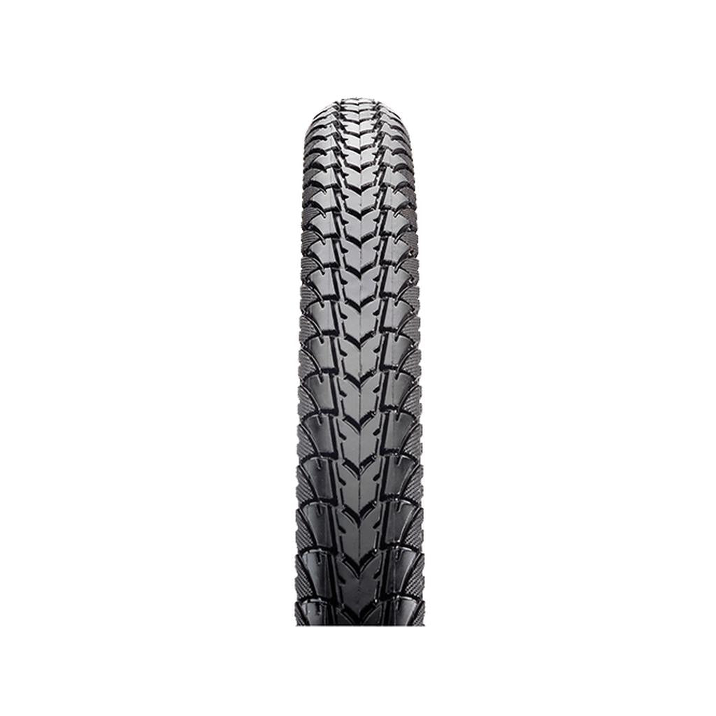 Front view of the CST Tracer Street C1446 20 Inch Tyre, highlighting its detailed tread pattern with multiple grooves and angular blocks for traction, enhanced cornering grip, and low rolling resistance.
