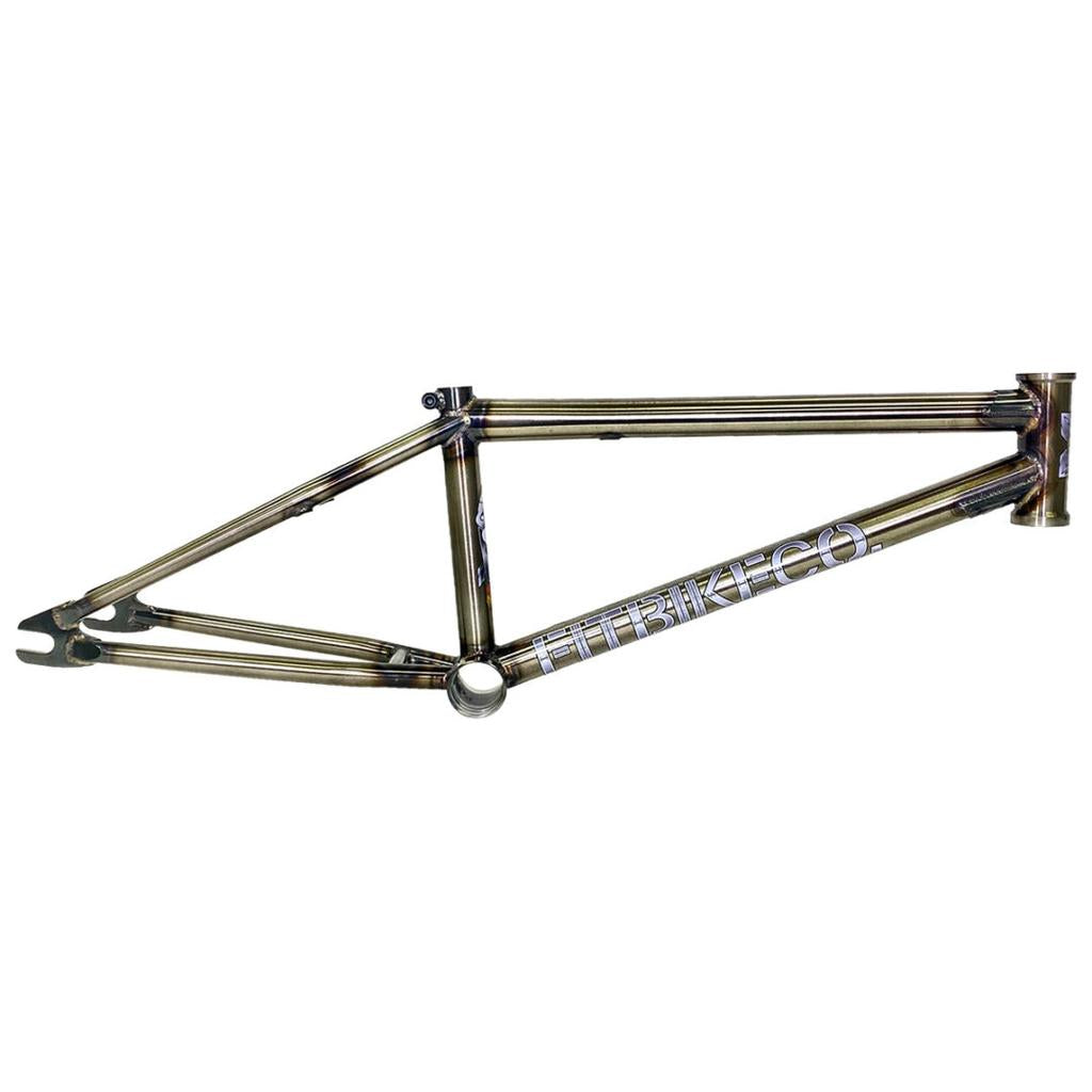 A Fit Bike Co Squib 18 Inch chromoly BMX frame with "FITBIKECO" printed on the side, shown without wheels, seat, or handlebars.
