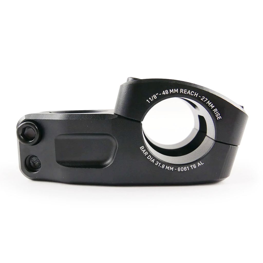 The Arise Neon Pro OS Top Load Stem (31.8mm Clamp) is a black, durable 6061-T6 alloy bicycle stem featuring "1 1/8 - 48 MM REACH - 27 MM RISE" and "BAR DIA 31.8 MM - 6061 T6 AL." text and includes a wider faceplate for enhanced stability.