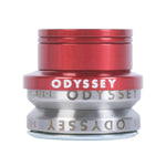 The Odyssey Pro Integrated Headset in red and silver features sealed bearings and an engraved logo, shown against a white background.