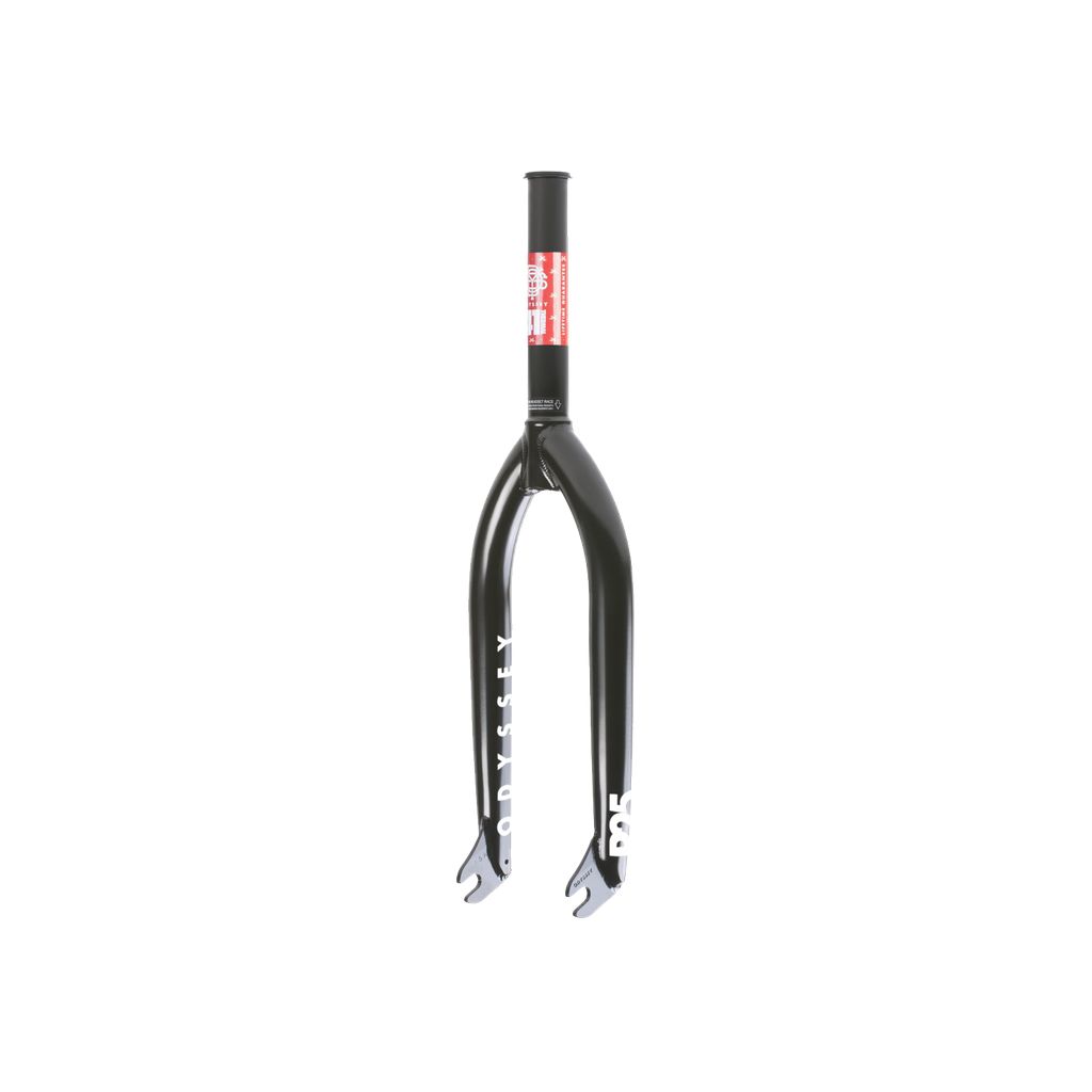 An Odyssey R25 fork, crafted from durable 4130 chromoly steel and featuring white lettering, is showcased against a pristine white background.