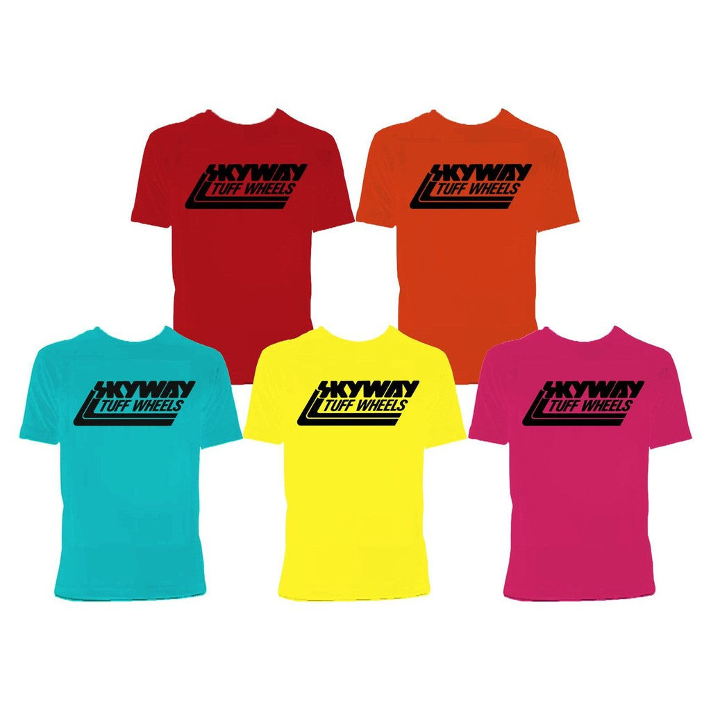 Four different colored Skyway Tuff Wheel Retro Classic T-Shirts with the word haywyn on them.