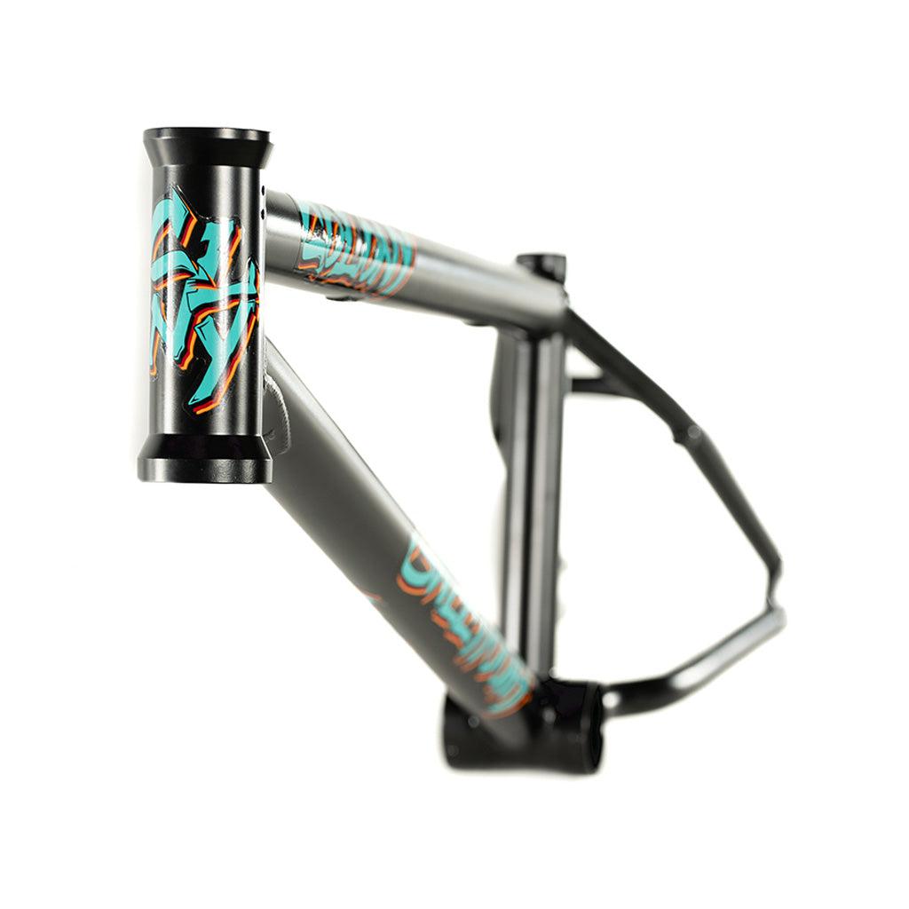 A Colony 2024 Sweet Tooth 18 Inch Frame in a blue and orange design from Colony BMX.