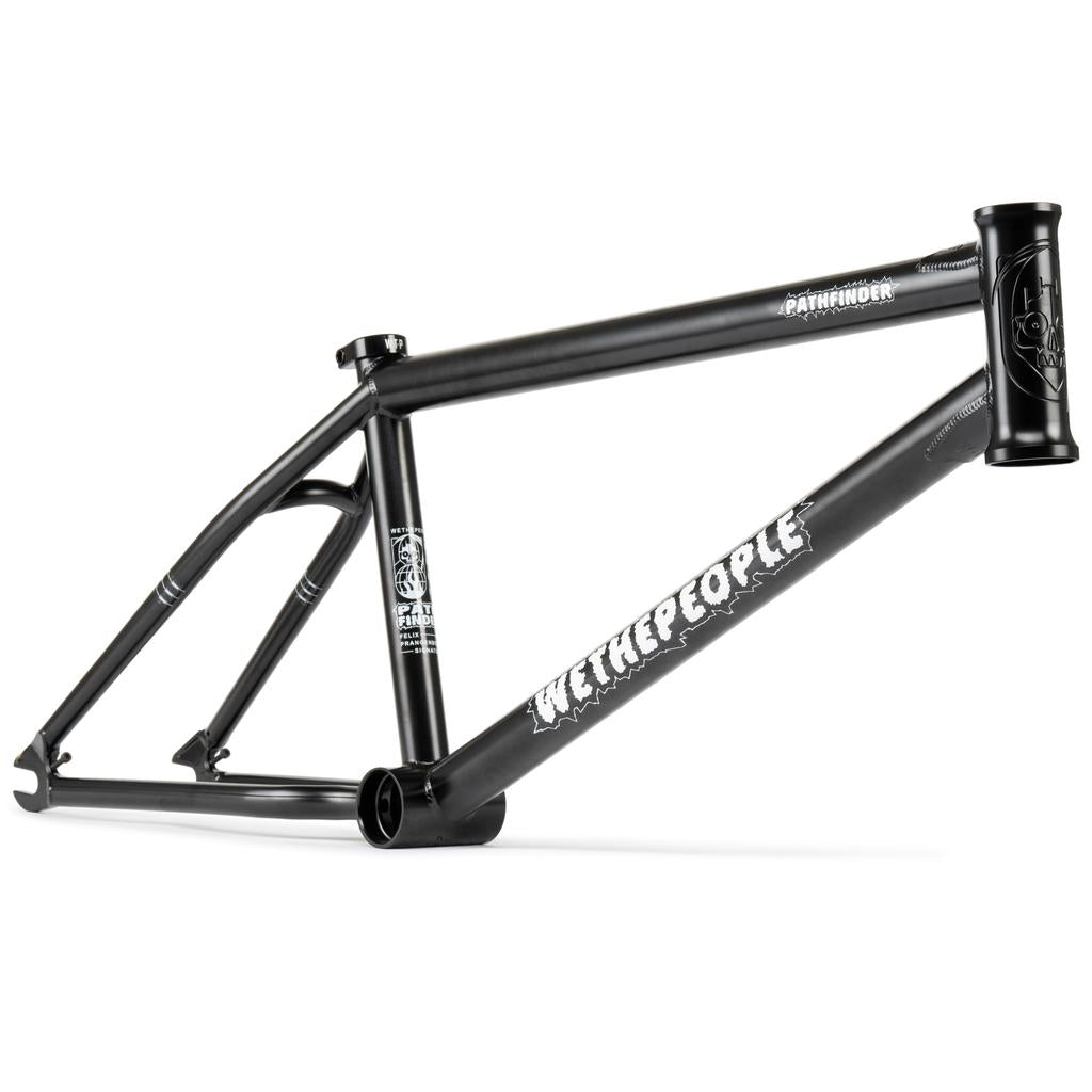 The Wethepeople Pathfinder Frame is a matte black BMX frame featuring "WETHEPEOPLE" and "PATHFINDER" logos, designed with Felix Prangenberg for durability and clean welds.