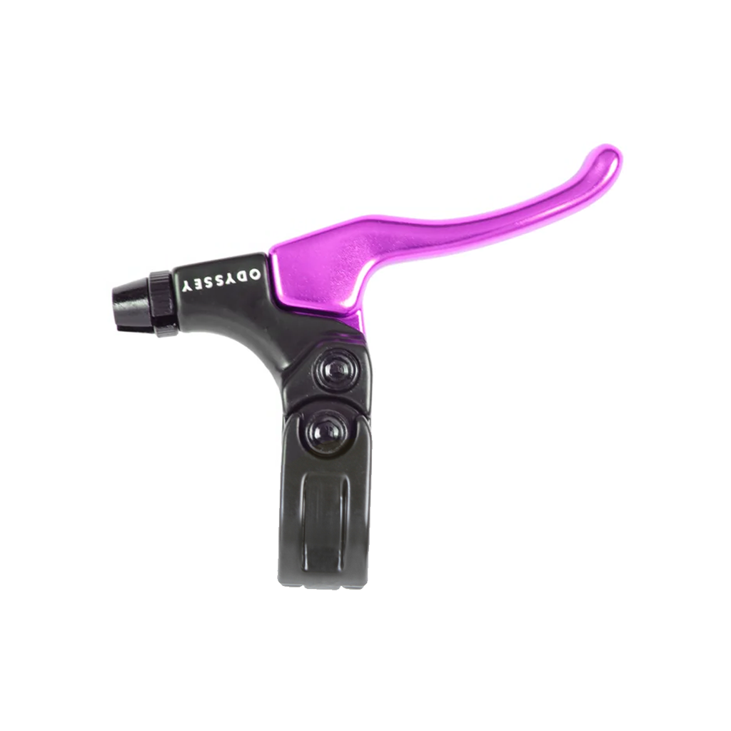 The Odyssey Monolever Medium Lever in black and purple with a hinged clamp is shown against a white background.