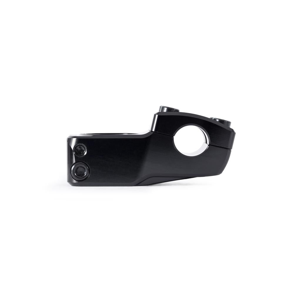 A Wethepeople Hydra Stem (25.4mm Clamp) in black is shown on a white background, featuring its Shark Tooth Clamping, mounting holes, and round 25.4mm handlebar clamp.