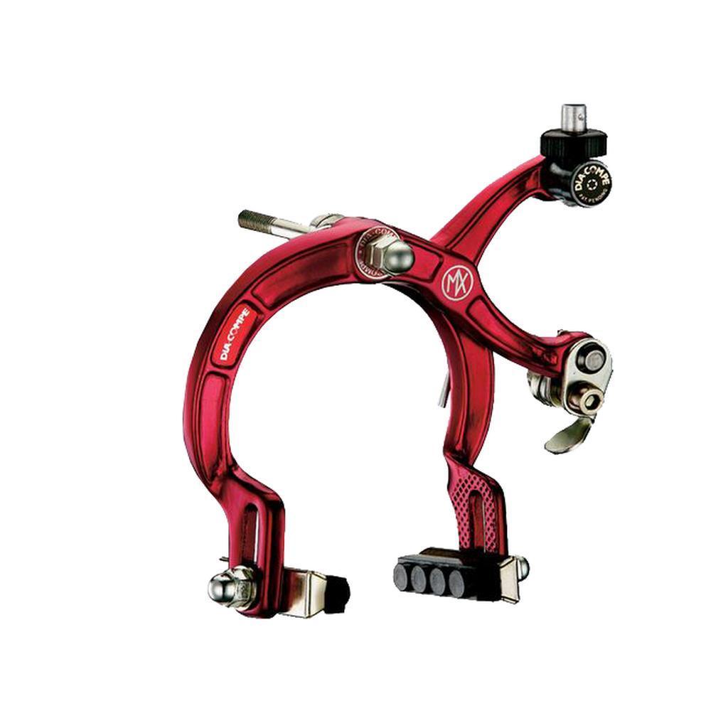 The Dia-Compe MX1000 Sidepull Brake in red, complete with adjustment knobs and mounting bolts, is isolated on a white background—ideal for giving your vintage bike a classic touch.