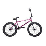The Kink Downside 20 Inch Bike (2027) is shown in side view, featuring a purple chromoly frame with black handlebars, seat, pedals, and tires against a white background.