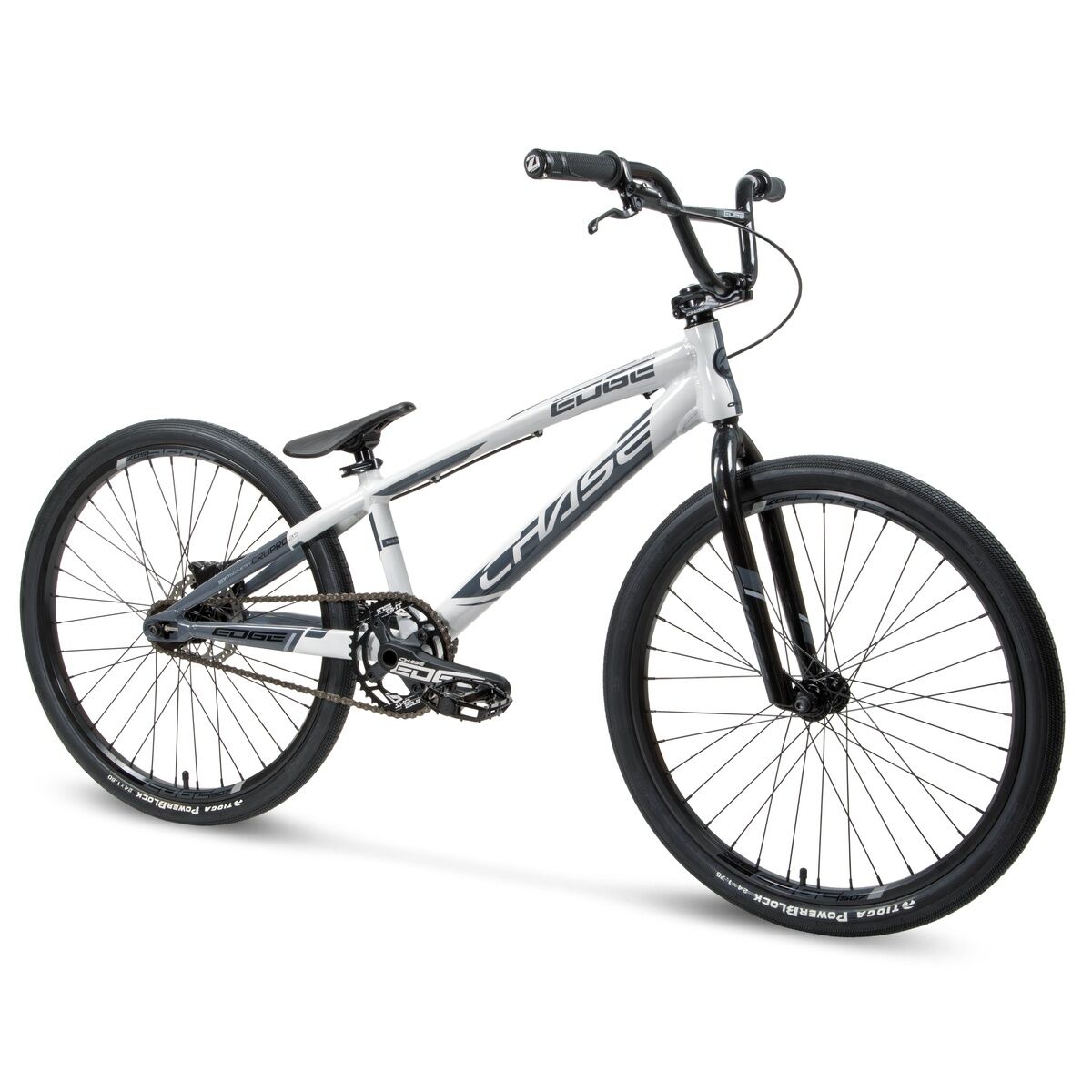 The Chase Edge Cruiser Bike (2026) is a white and black BMX race bike with a lightweight 6061 aluminum frame, large tires, front and rear brakes, and a single gear, shown on a plain white background.