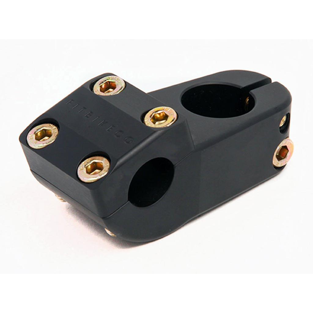 The Fit Aitken Top Load Stem is a black limited edition BMX stem with six gold bolts and “FITBIKECO” engraved on the front—Mike Aitken’s signature model.