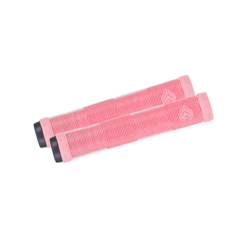 A pair of pink Eclat Pulsar Grips, flangeless mushroom-style BMX grips crafted from durable rubber with black end caps, are arranged parallel on a white background.