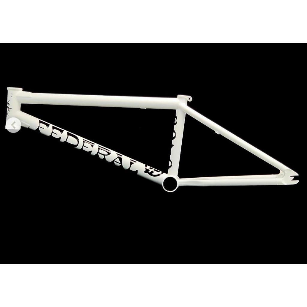 White Federal Boyd V2 Frame (Boyd Hilder Signature) with bold black "FEDERAL" logo on the downtube, taller standover design, inspired by the Boyd Hilder frame, shown against a black background.