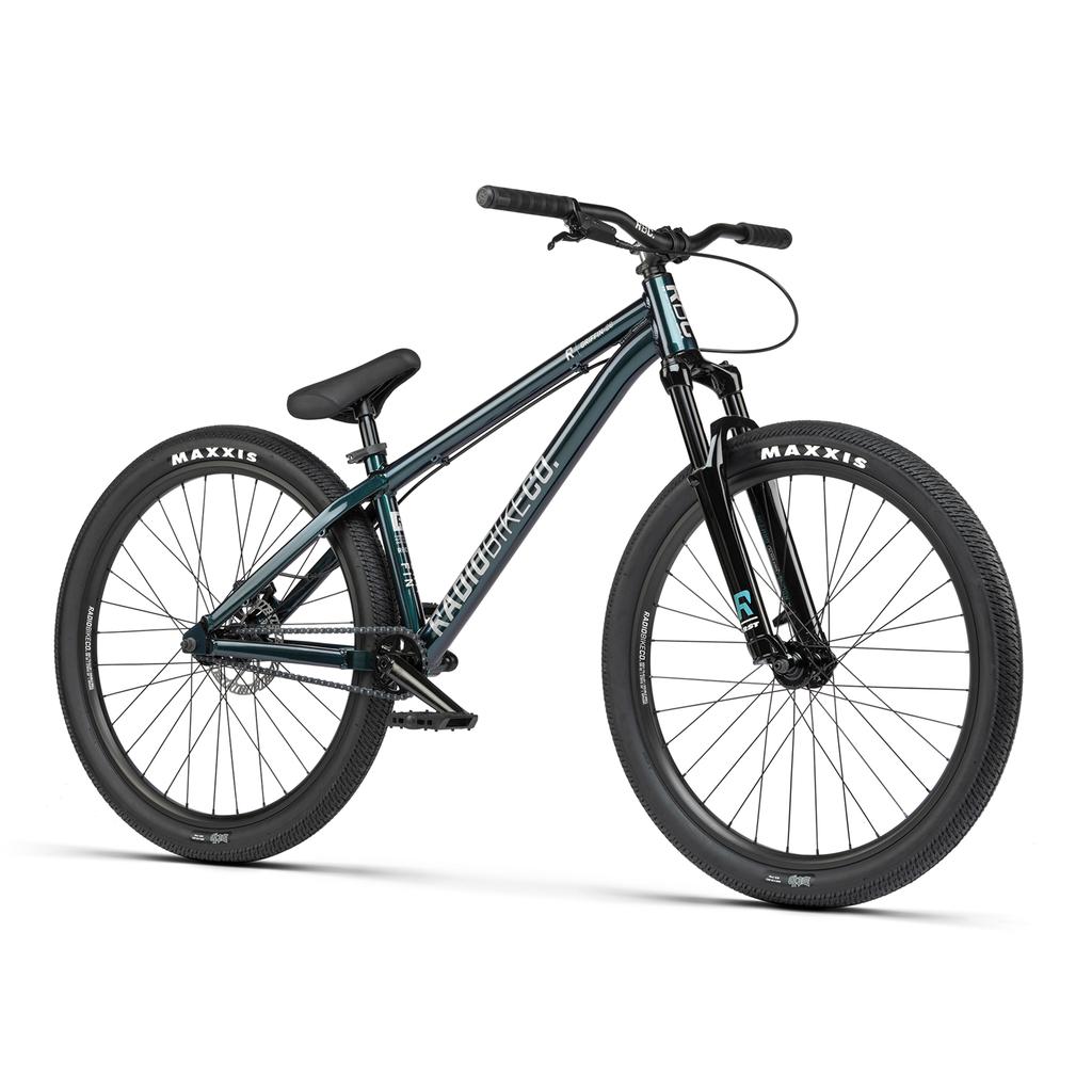 A Radio Griffin 26 Inch Bike in black and teal, featuring front suspension, flat handlebars, Tektro disc brakes, and Maxxis DTH tyres, is displayed on a white background.