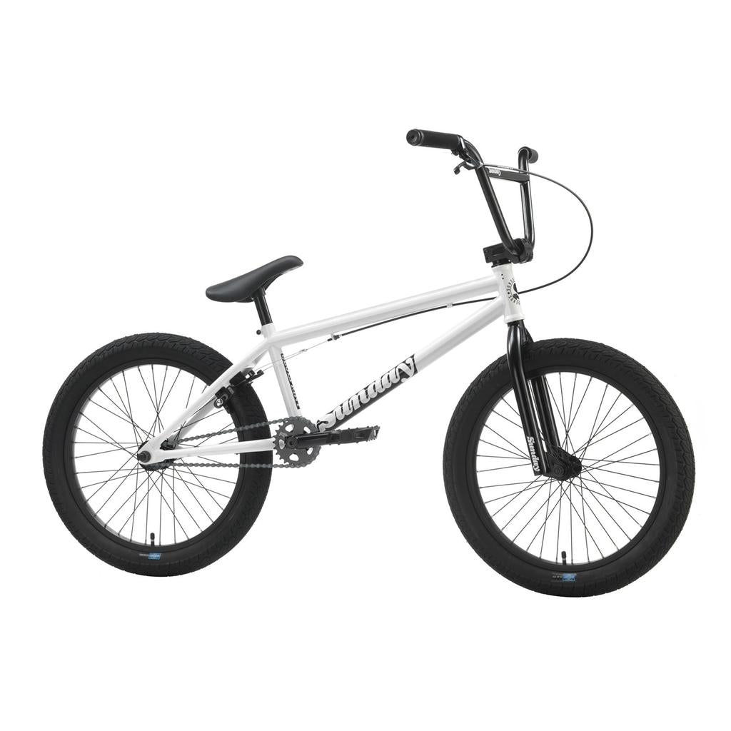 The Sunday Blueprint 20 inch Bike, a white beginner BMX with black handlebars, seat, and tires, is displayed in side profile on a plain background.