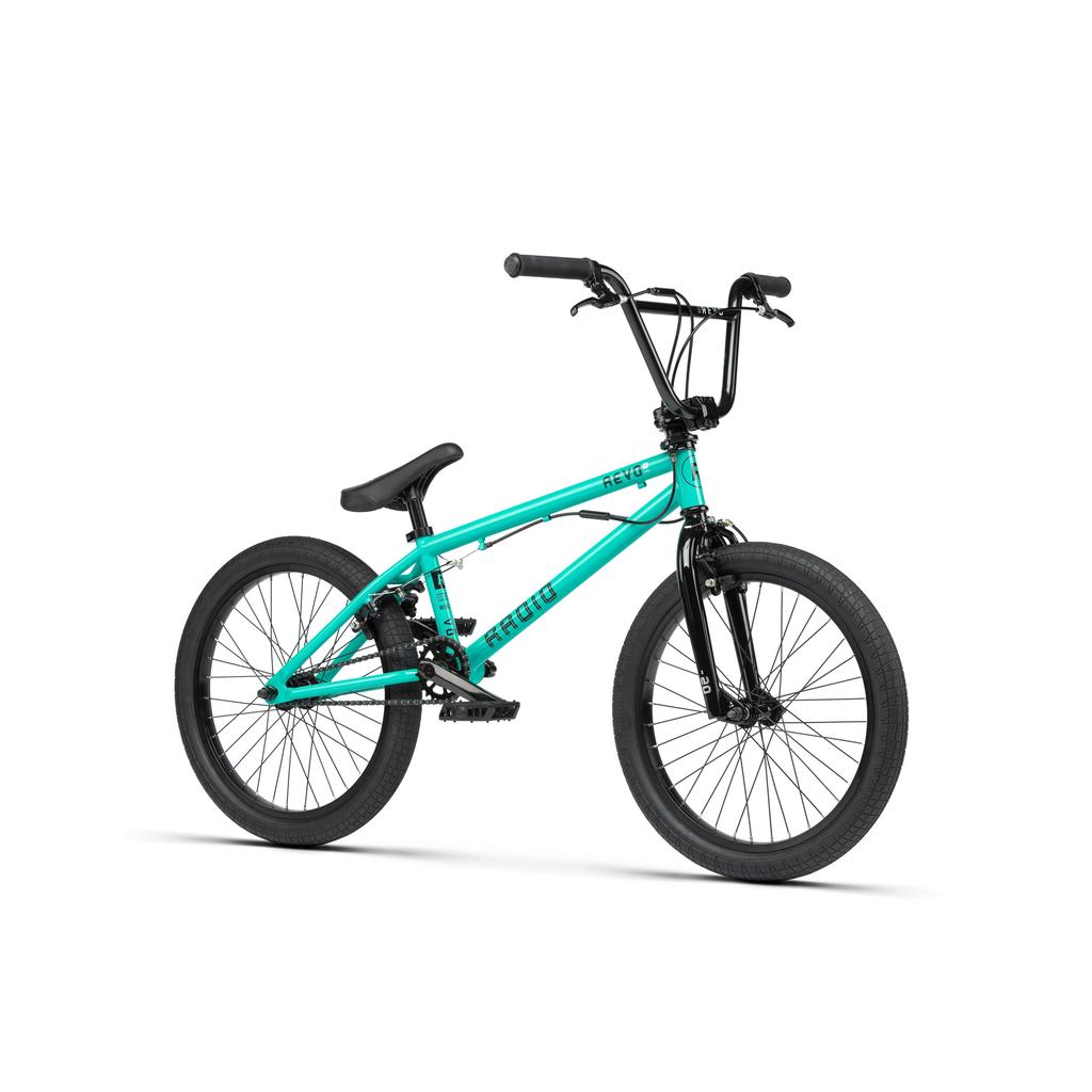 The Radio Revo Pro FS 20 Inch Bike in teal, featuring a 20-inch top tube, black handlebars, seat, pedals, and tires, is displayed against a white background.