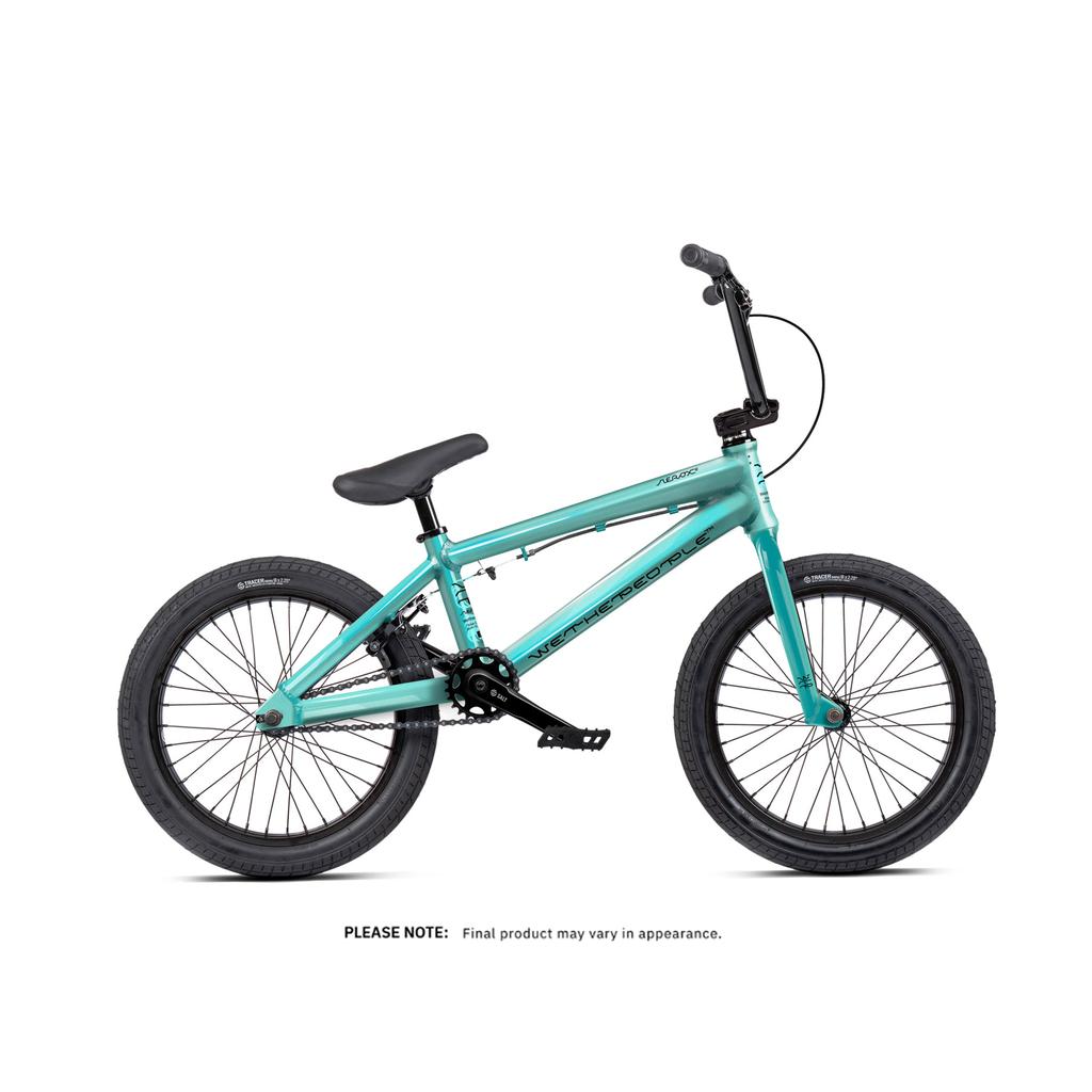 The Wethepeople Aerox 18 Inch Bike, shown in teal with a lightweight alloy frame, black tires, handlebars, and seat, is displayed in a side view against a white background.