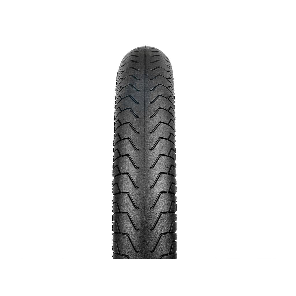 A front-facing view of the Salt Plus Pitch Slick 20 Inch Tyre in black, featuring a zigzag tread pattern on a white background, designed to reduce sliding and provide reliable grip.