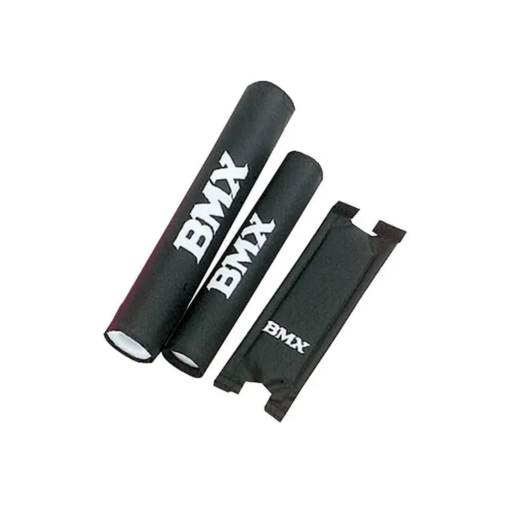 The BMX Crash Pad Set includes three black pads with white "BMX" text—two cylindrical and one rectangular—shown on a white background. Available in various colors and sizes to customize your ride.
