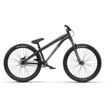 A matte black Radio Griffin Pro Elite 26 Inch Dirt Jumper Bike with Rock Shox Pike DJ front suspension, disc brakes, and Maxxis tires is shown from the side against a white background.