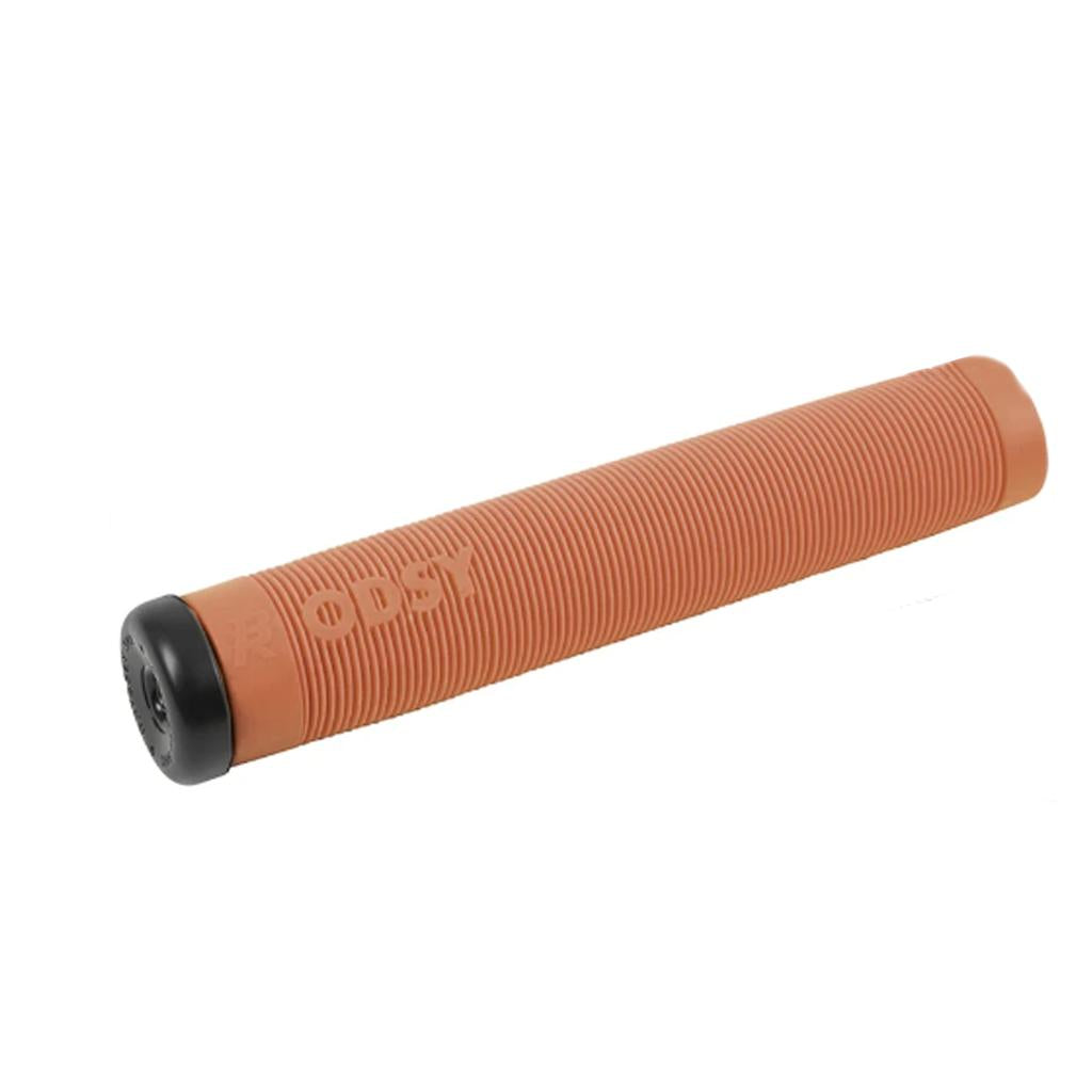 The Odyssey Broc Raiford Grips are brown, ribbed rubber BMX grips with black end caps and "ODSY" embossed on the side, designed for top performance as Broc Raiford's signature model.