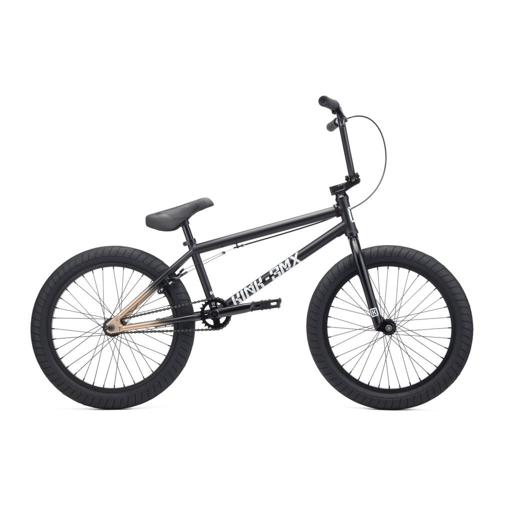 A black Kink Launch 20 Inch Bike (2027) BMX for beginners with thick tires, straight top tube, "MIND BLOW" on the frame, and Mission parts, shown side view against a white background.