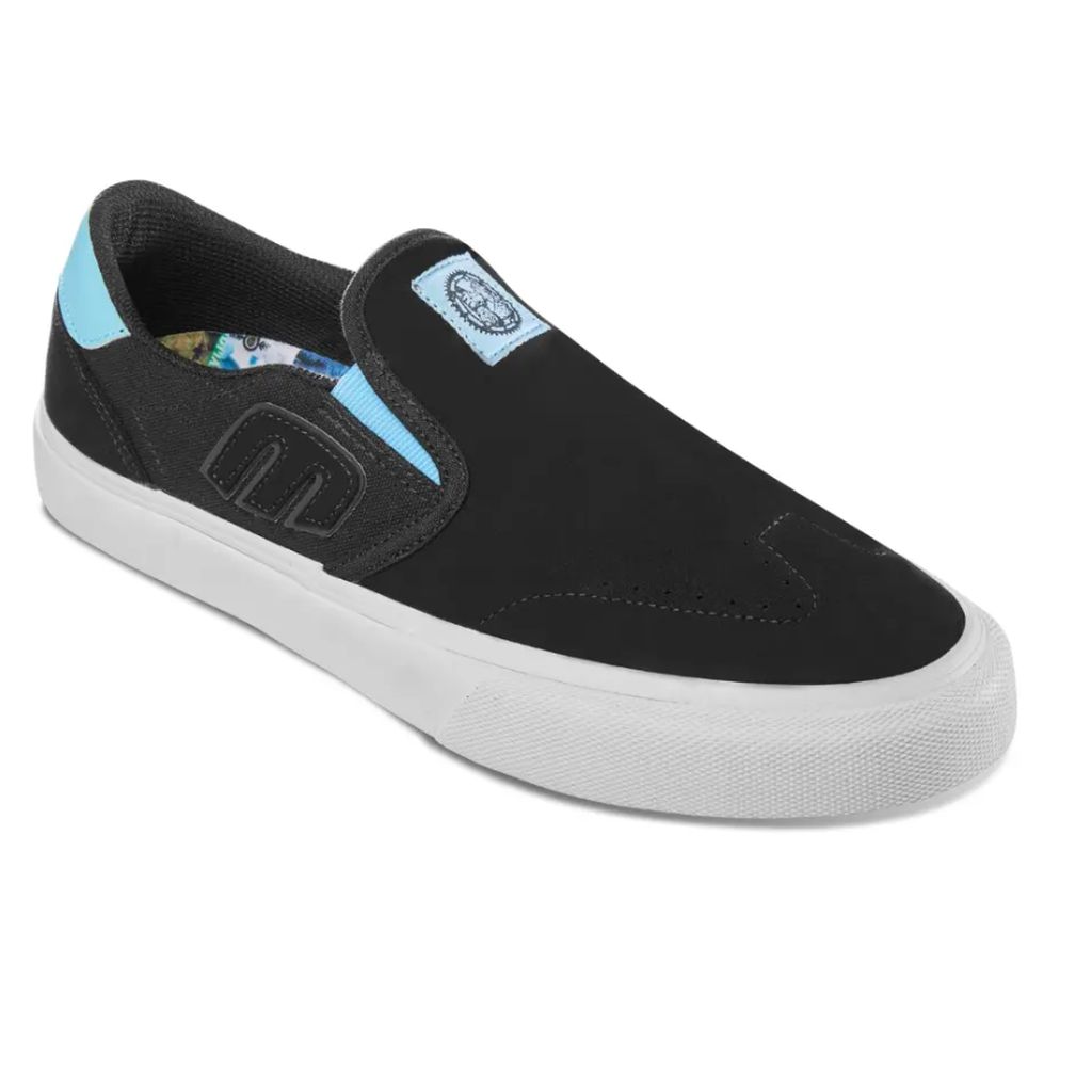The Etnies Lo-Cut X DIG Slip-On in Black/Blue is perfect for your daily dig into style and comfort, featuring a sleek design with a white sole, light blue accents, and a logo on the tongue.