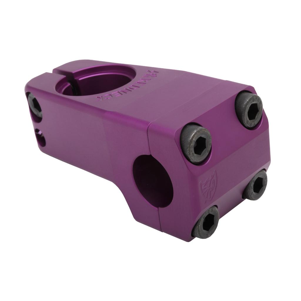 The S&M Shredneck Stem, crafted from 6061-T6 aluminum with a machined finish, has a purple anodized color, 50mm reach, front four hex bolts, two side bolts, and an engraved logo.