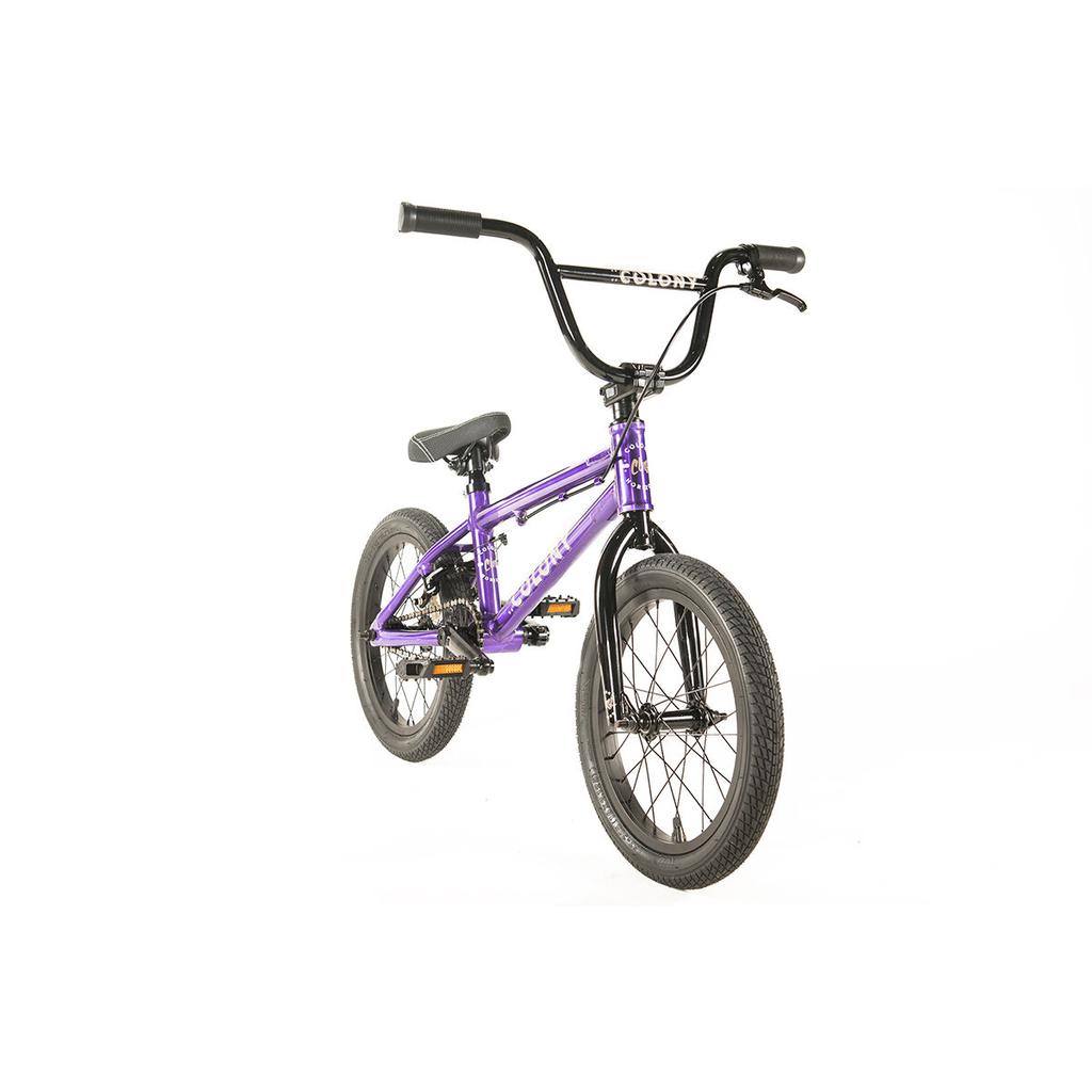 The Colony Horizon 16 Inch Bike features a lightweight purple alloy frame with black handlebars, seat, and tires. Displayed at a three-quarter angle against a white background.