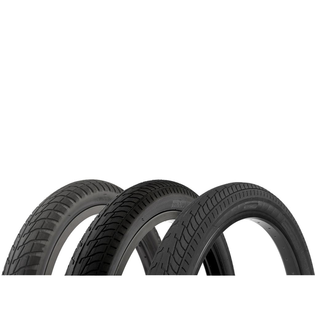 Three Fit FAF Tyres stand upright on a white background, each displaying a unique, aggressive tread pattern designed for superior grip and puncture resistance.