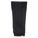 The Shadow Conspiracy Invisa-Lite Shin Pads (Pair) are black fabric calf sleeves with visible stitching and a small red tag near the bottom edge, designed for lightweight shin protection and shown laid flat on a white background.