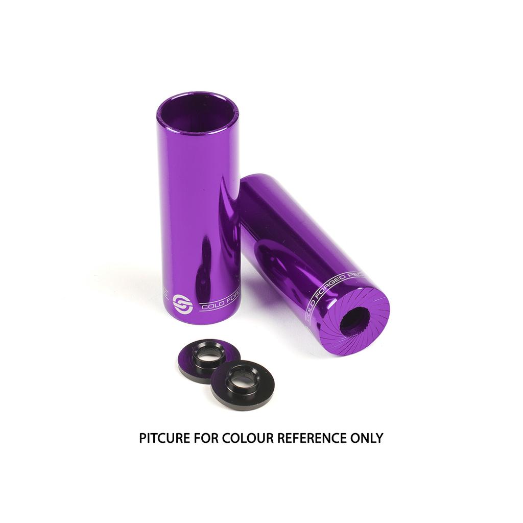 A pair of Salt AM Steel Pegs in metallic purple with 14mm axle holes and two black round inserts are displayed on a white background. Text below says, "PICTURE FOR COLOUR REFERENCE ONLY.