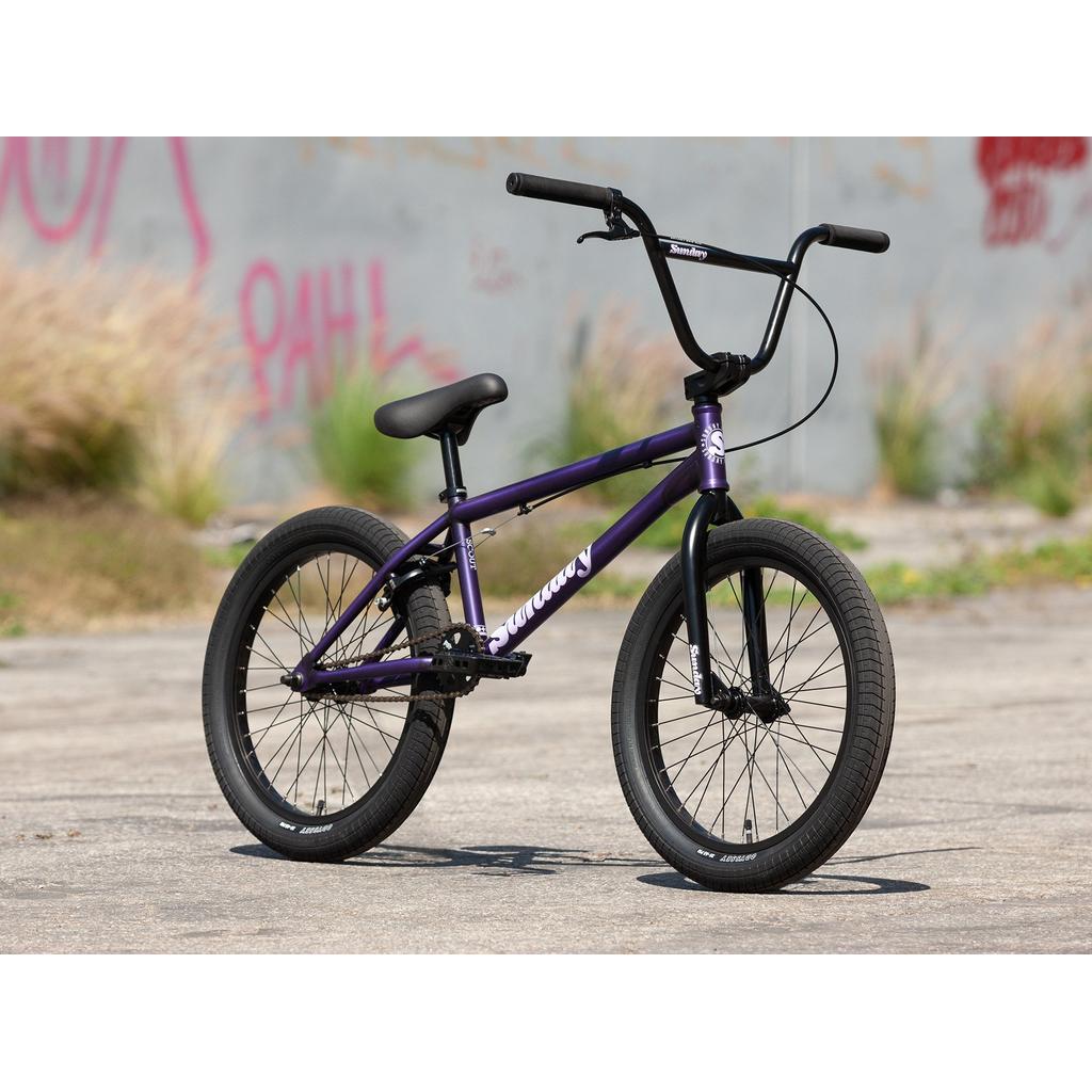 A Sunday Scout 20 Inch Bike (2022) in purple with sealed hubs, black handlebars, and tires is parked on concrete, with grass and graffiti visible in the background.