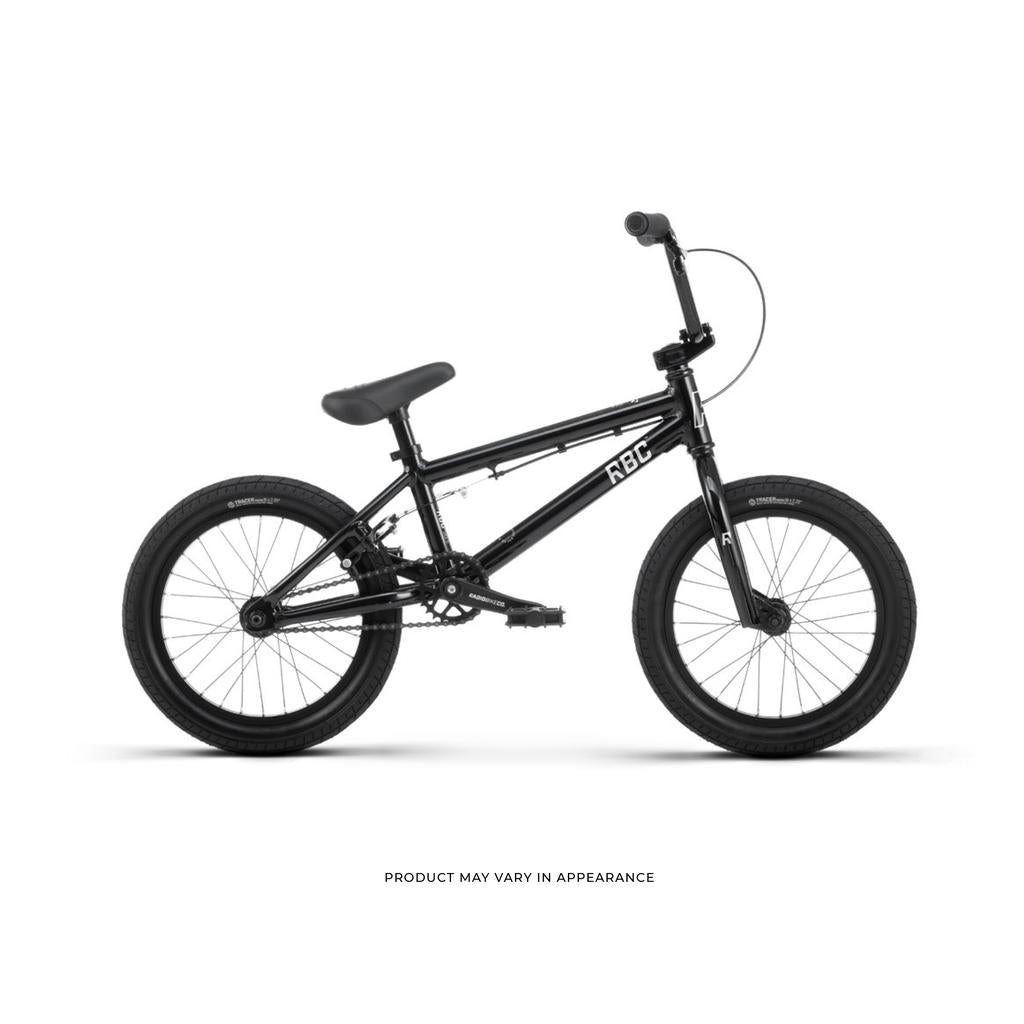 The Radio Dice 16 Inch Bike is a black BMX-style kids bike with a compact frame, thick tires, and upright handlebars, shown in profile view on a white background.