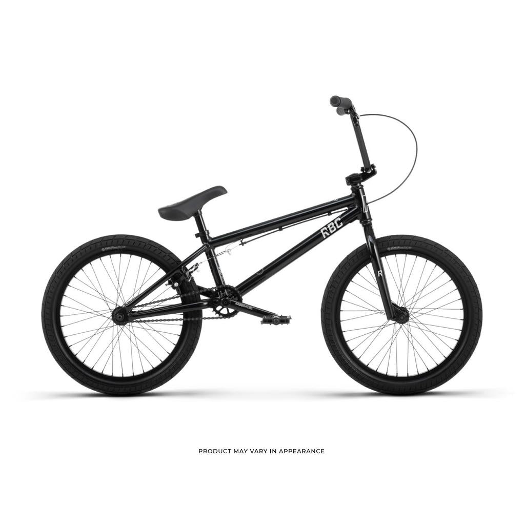 The Radio Dice 20 Inch Bike is a black BMX with a lightweight alloy frame, 20" wheels, straight top tube, padded seat, and front and rear brakes, displayed on a white background.