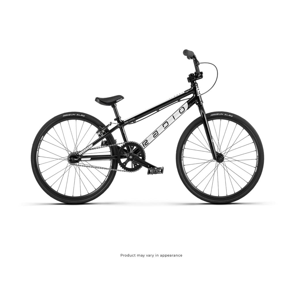 The Radio Cobalt Junior Bike, shown in profile on a white background, features a lightweight black frame, straight handlebars, and large tires—ideal as an entry-level BMX race bike for aspiring riders.