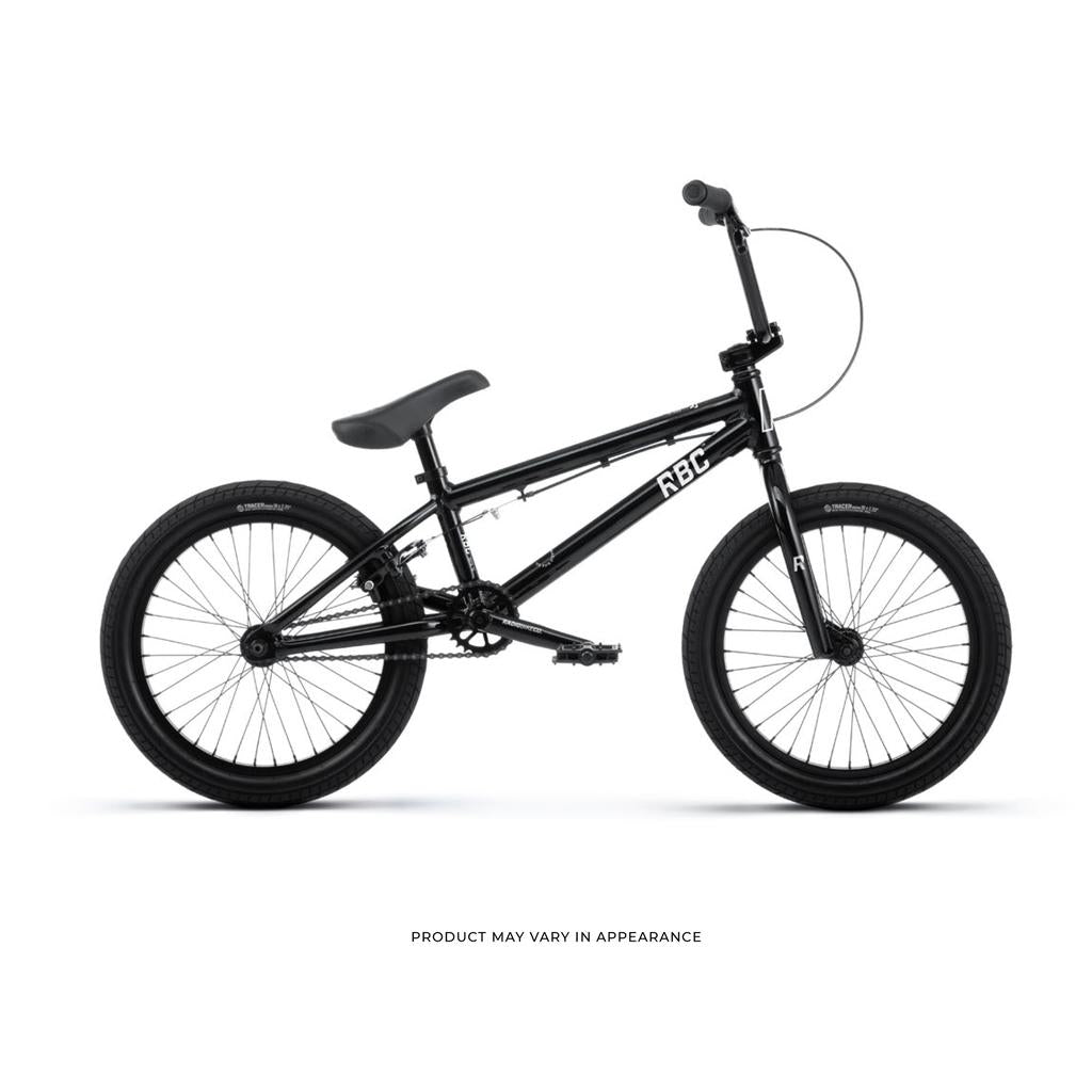 The Radio Dice 18 Inch Bike features a black compact frame, Salt Tracer Tyres, and a straight handlebar, displayed in side profile against a white background.